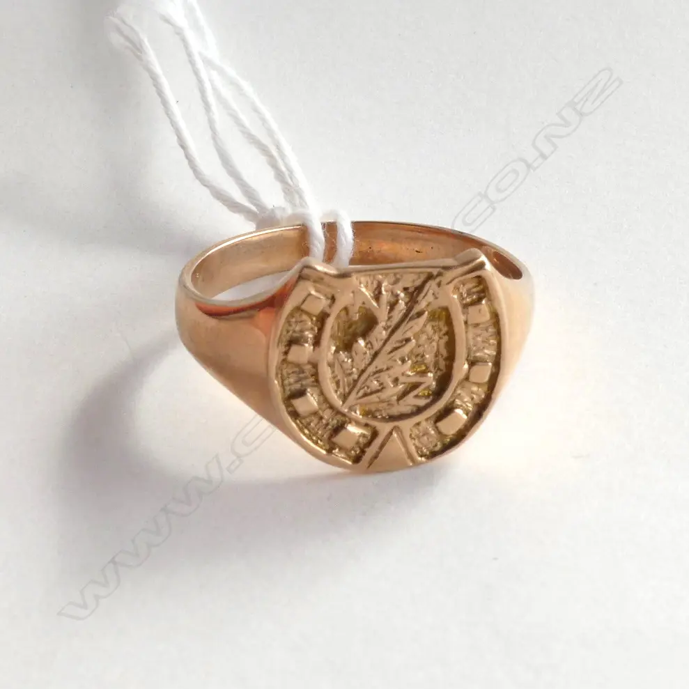 9CT GOLD FERN LEAF & NZ IN HORSESHOE SIGNET RING. 5.6gms Image 1++