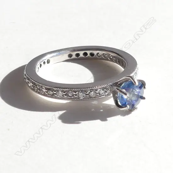 14ct. WHITE GOLD SAPPHIRE AND DIAMOND RING, SIZE K½