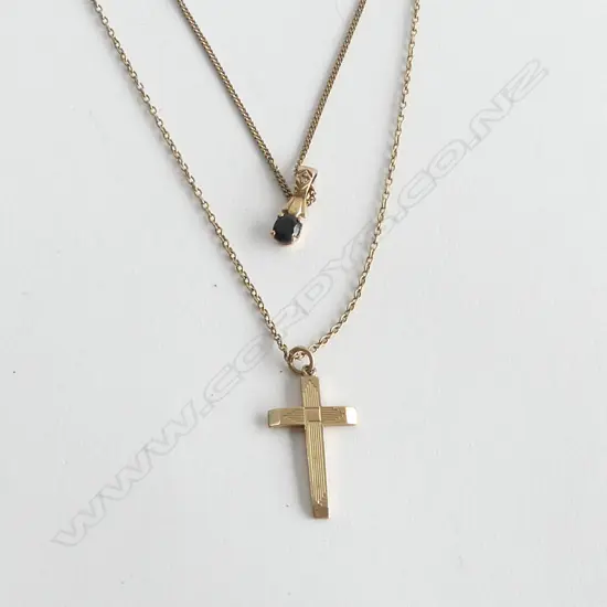 2X 9ct PENDANTS: 1 CROSS 1 W SAPPHIRE + 1 9CT GOLD CHAIN. 3.5gms