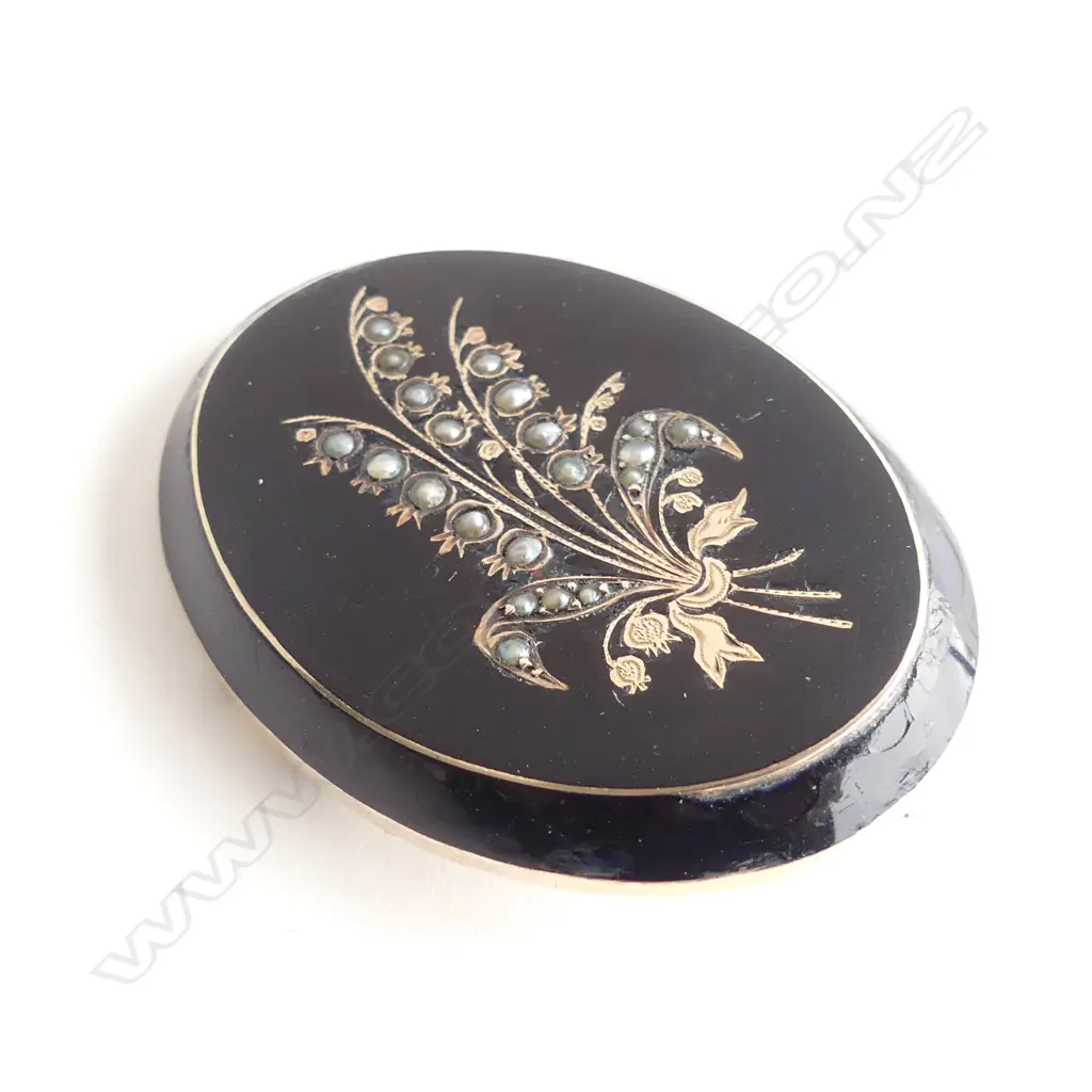 9CT OVAL MOURNING BROOCH H.45mm AF Image 1++