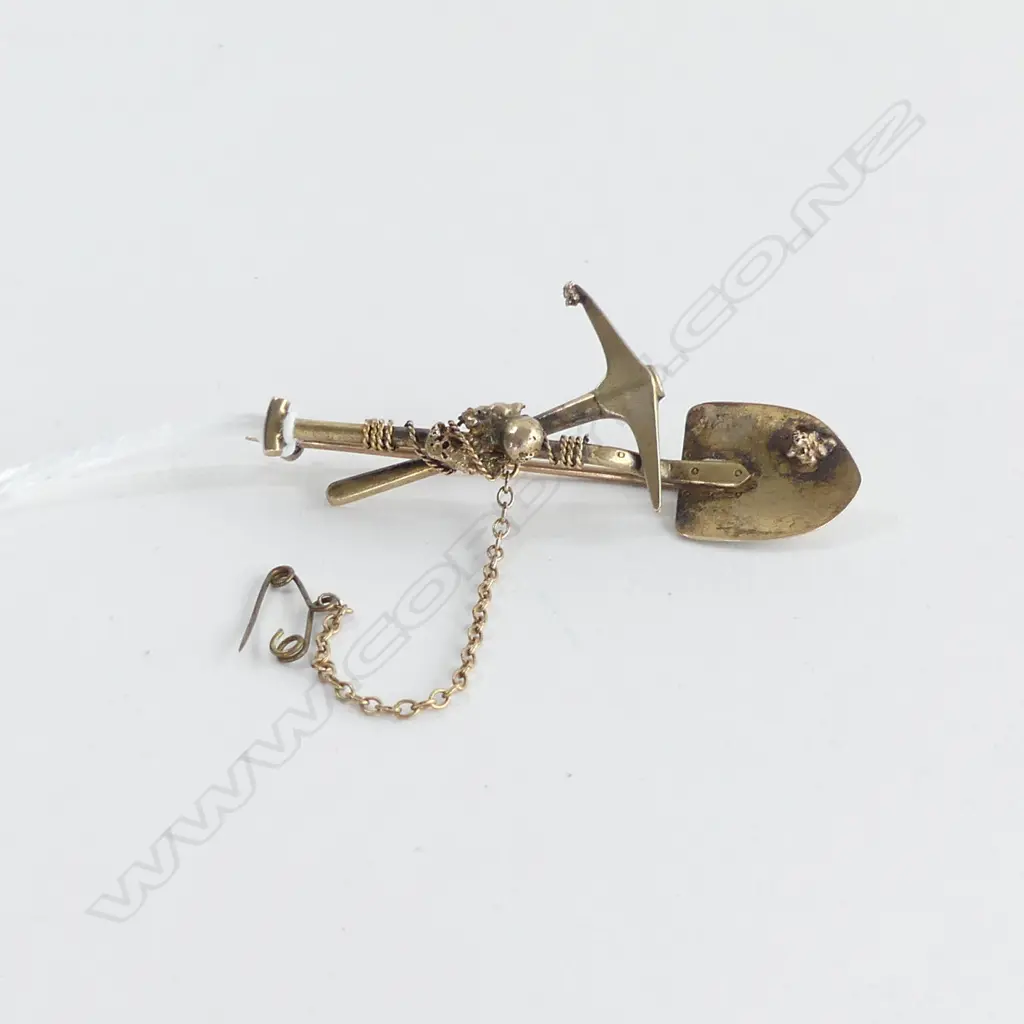 ANTIQUE MINER'S SWEETHEART BROOCH W GOLD NUGGETS PICK & SHOVEL Image 1++