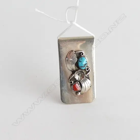 SILVER COLOURED MONEY CLIP SCULPTED W TURQUOISE & CORAL CABOCHONS
