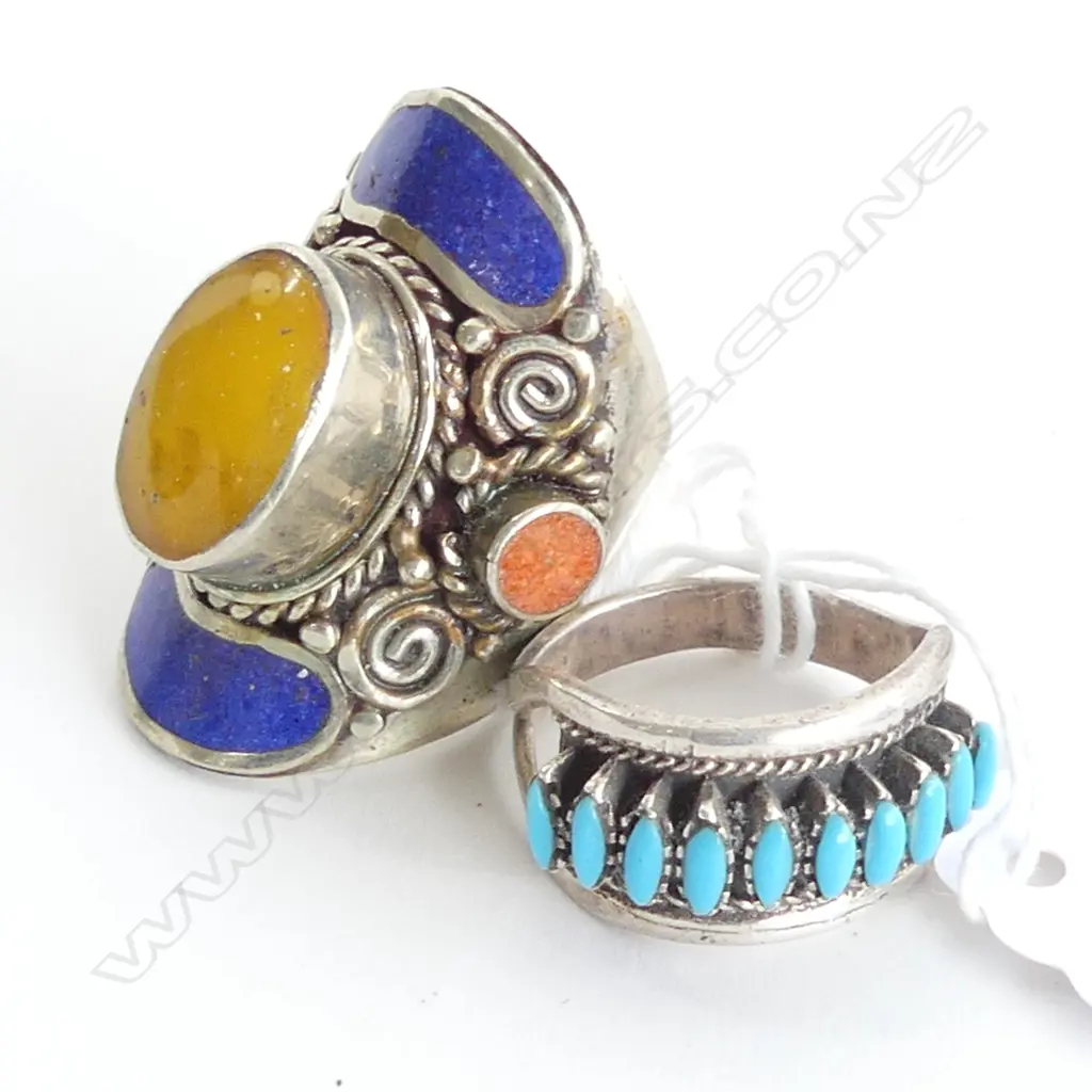 2 SILVER ETHNIC DESIGNER RINGS AMBER LAPIS CORAL & TURQUOISE Image 1++