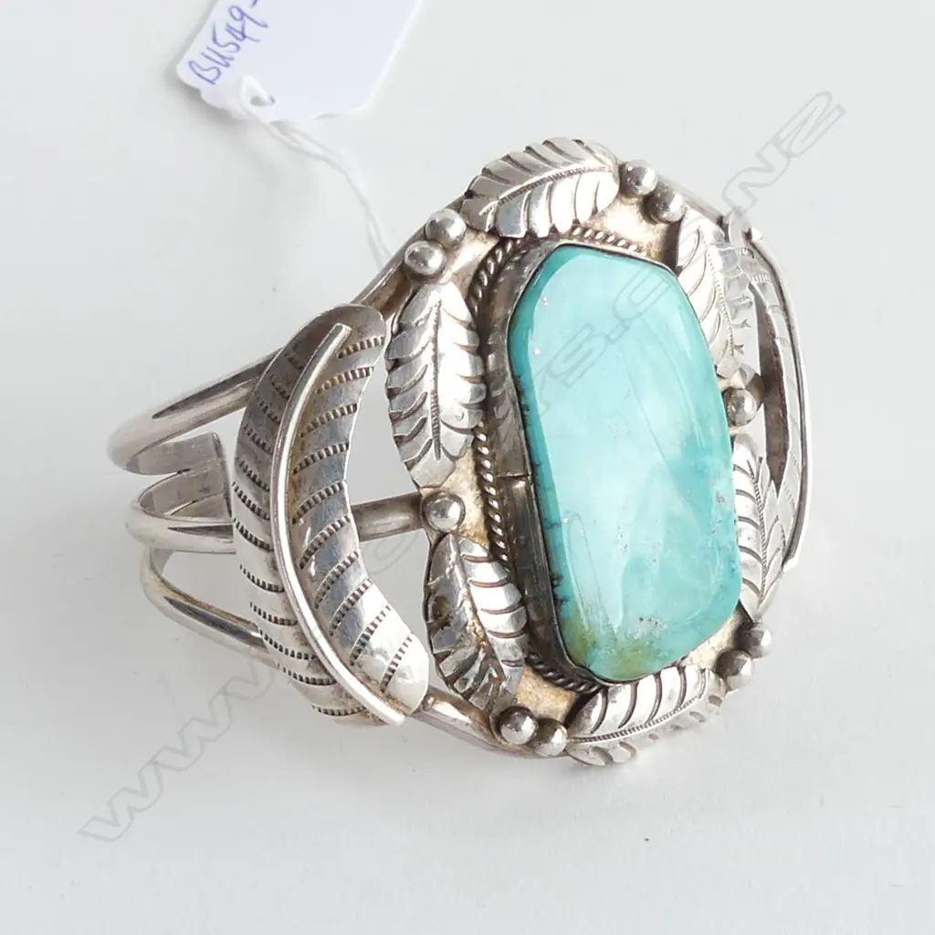 LGE SILVER CUFF W LAPIS PANEL & SCULPTED LEAVES Image 1++