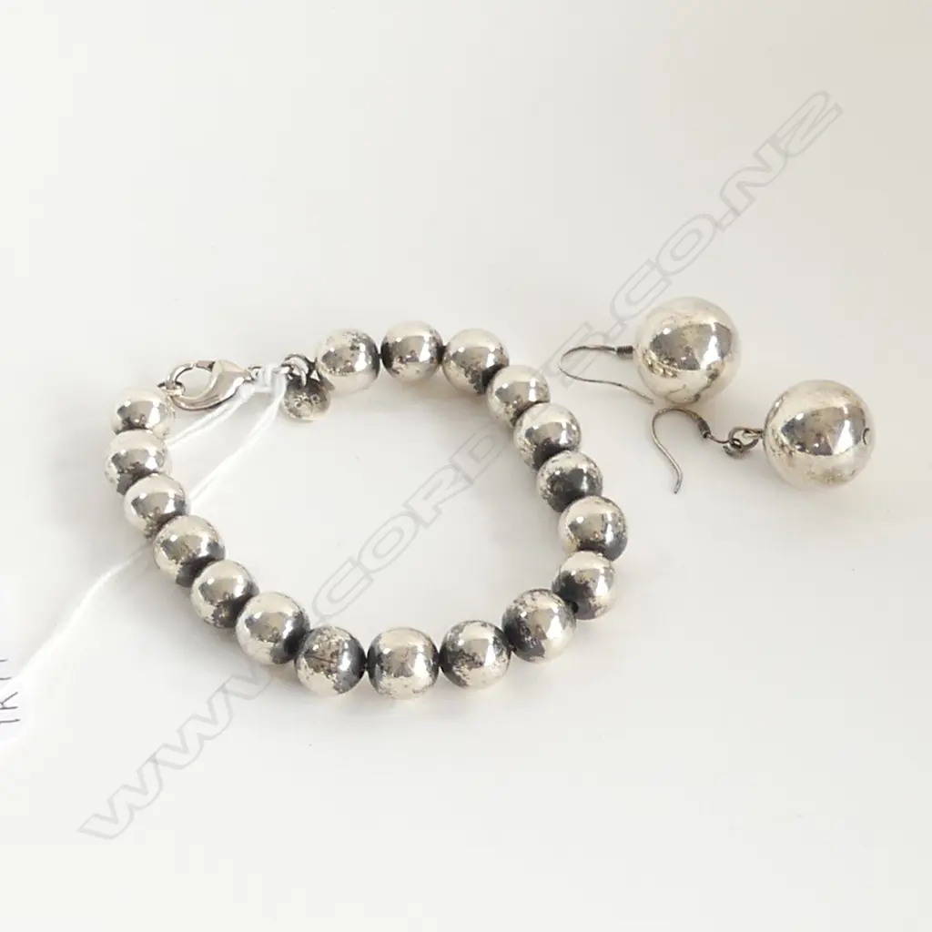 925 SILVER BEAD BRACELET & BALL DROP EARRINGS 58.7GMS Image 1++