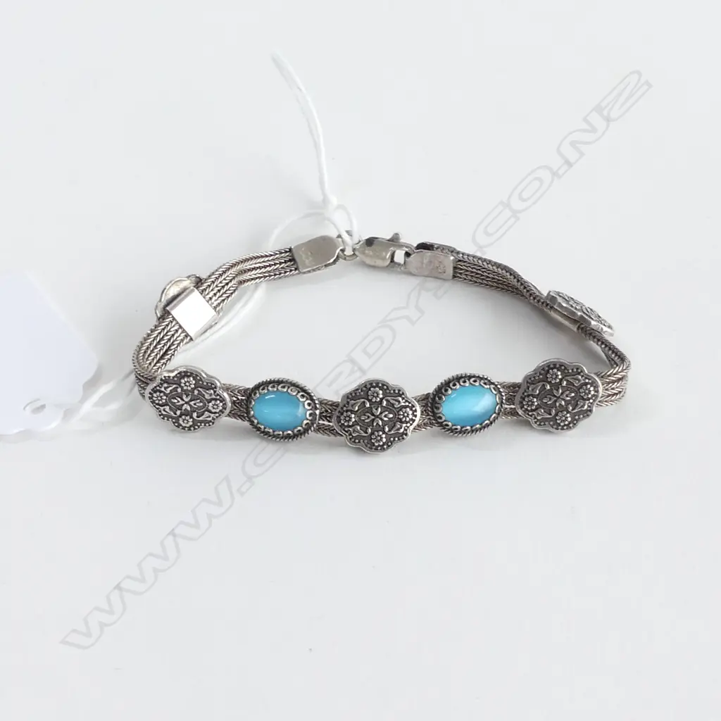 SILVER 925 MULTI CHAIN BRACELET W PANELS & BLUE STONES Image 1++