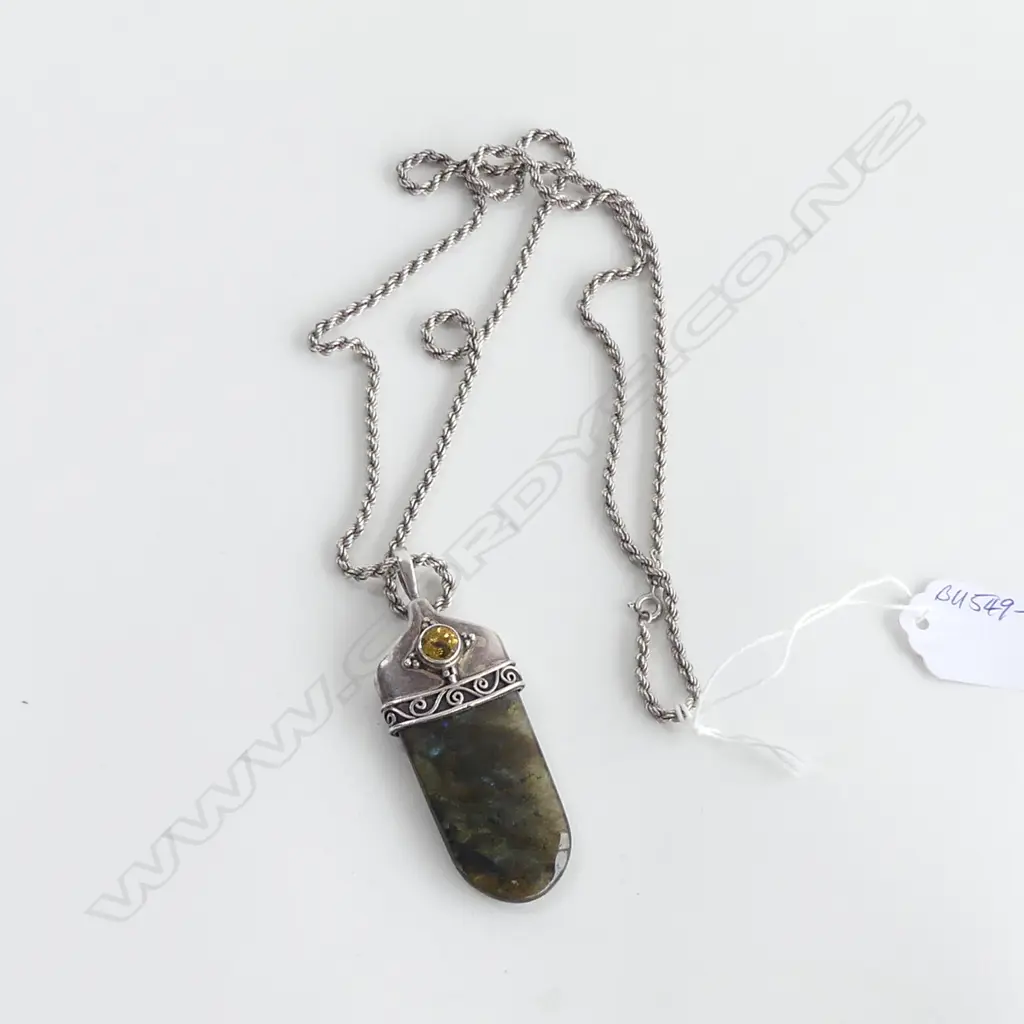LGE SILVER MOUNTED LABRADORITE PENDANT ON LONG SILVER ROPE CHAIN  Image 1++