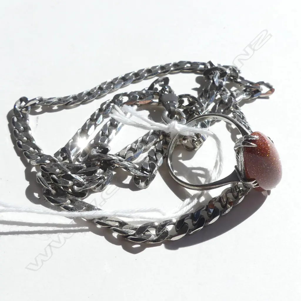 SILVER RING WITH LG STONE + SILVER TONE THICK CHAIN  Image 1++