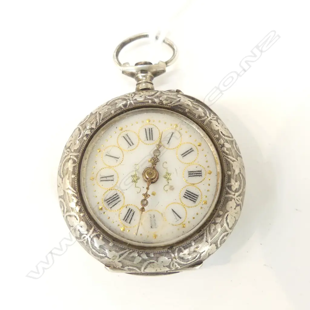 C1900 LADIES SILVER FOB WATCH OPEN FACE missing top winder Image 1++