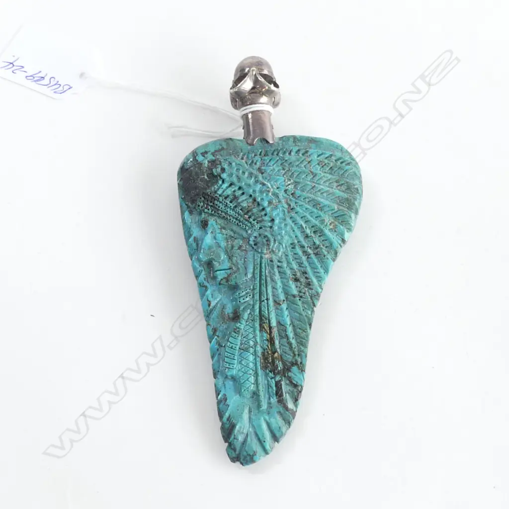 LGE AMERICAN TURQUOISE CARVED PANEL SILVER TOP LEAF & AMERICAN INDIAN L.135mm Image 1++