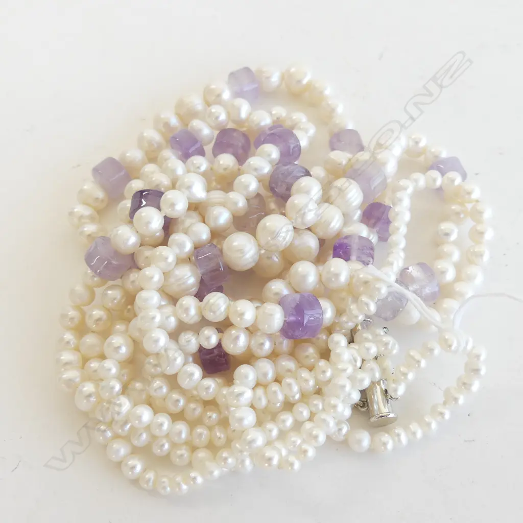 4 STRAND  FRESHWATER PEARL CHOKER WITH PURPLE AMETHYST WITH SLIDE CLIP Image 1++