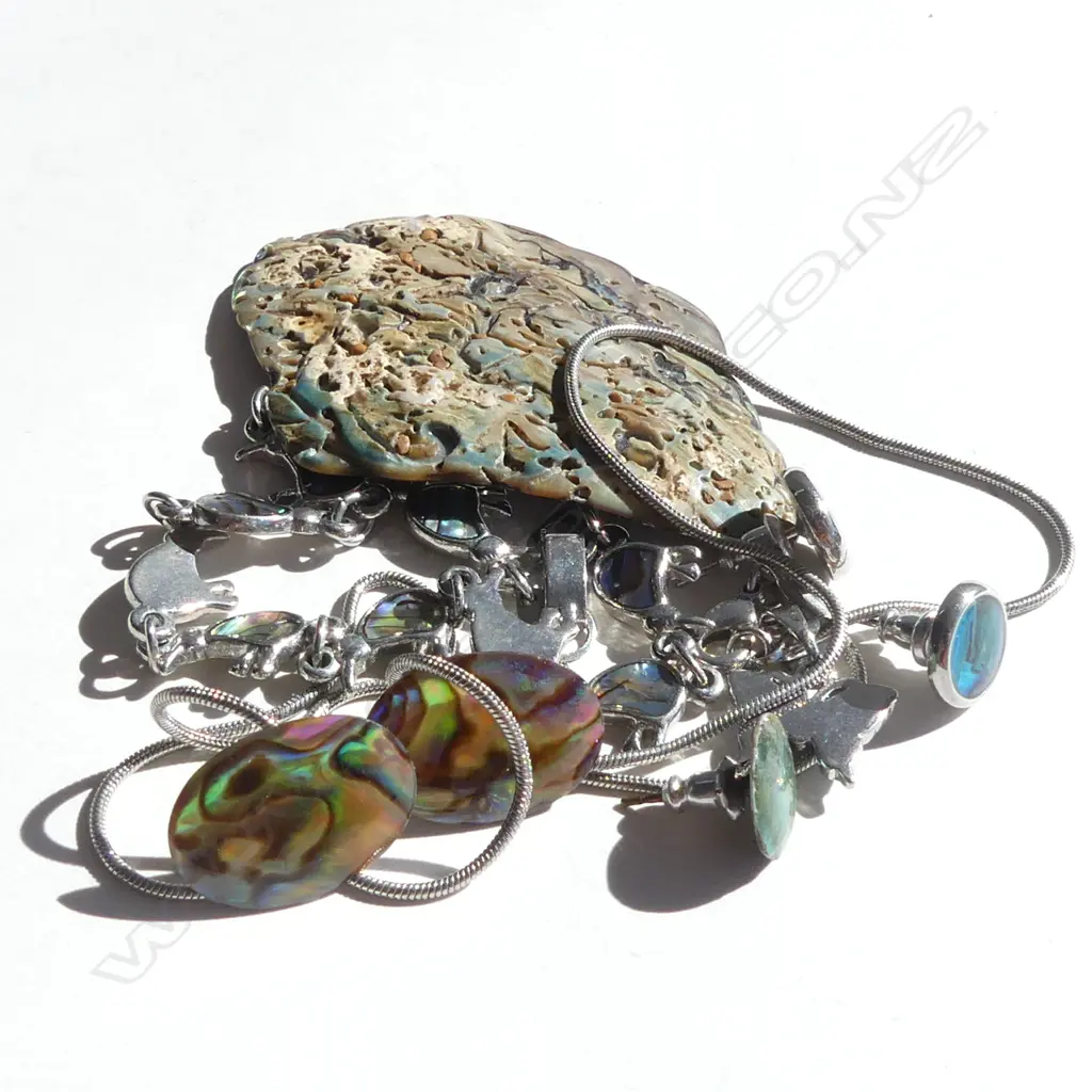 PAUA SHELL JEWELLERY; KIWI BRACELET, BUTTERFLY PENDANT NECKLACE & 2 PR STUD EARRINGS + 1 ORPHAN EARRING & PC PAUA SHELL Image 1++