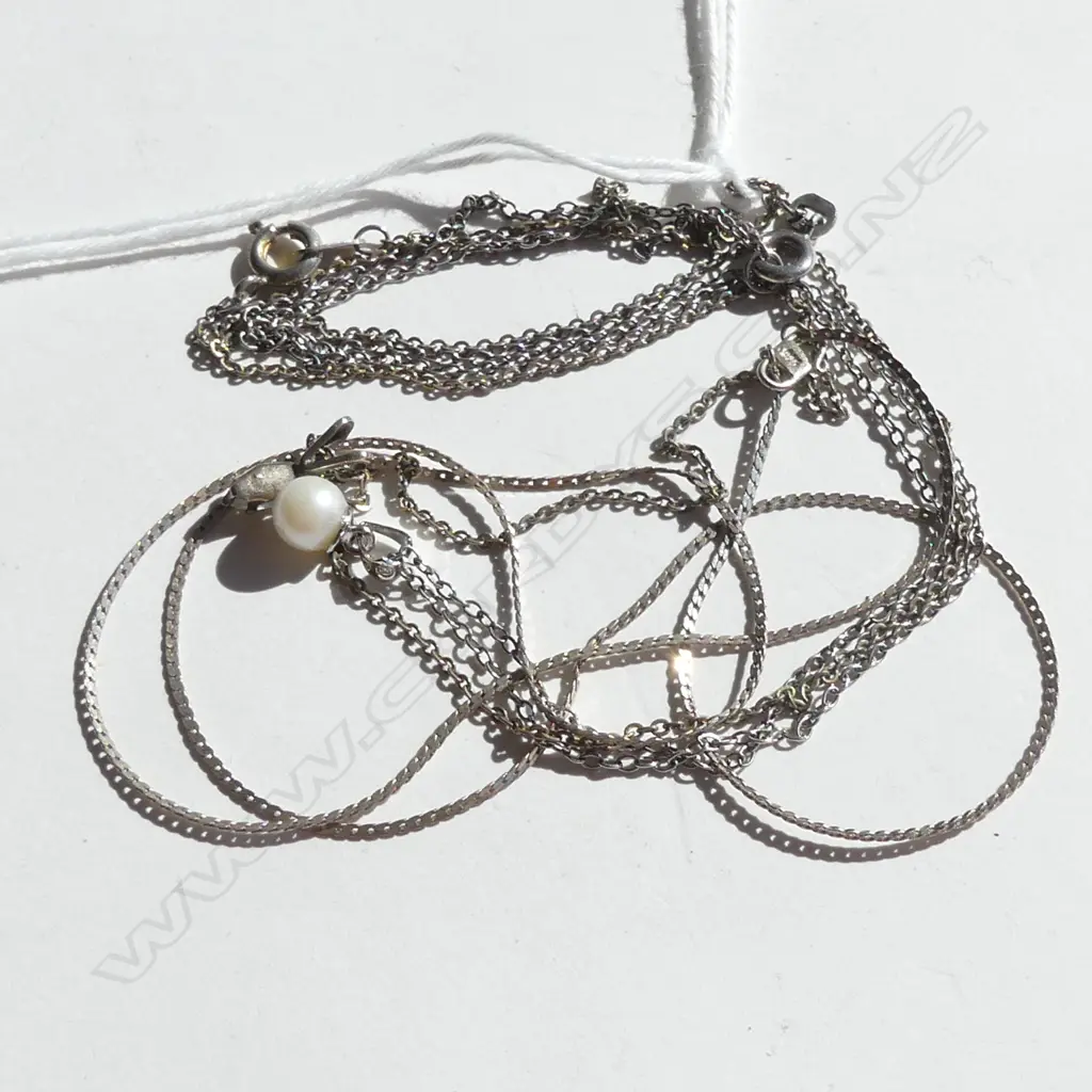 TWO 925 SILVER CHAINS; SNAKE CHAIN & ONE WITH PEARL PENDANT + CHAIN WITH TEARDROP DIAMANTE Image 1++