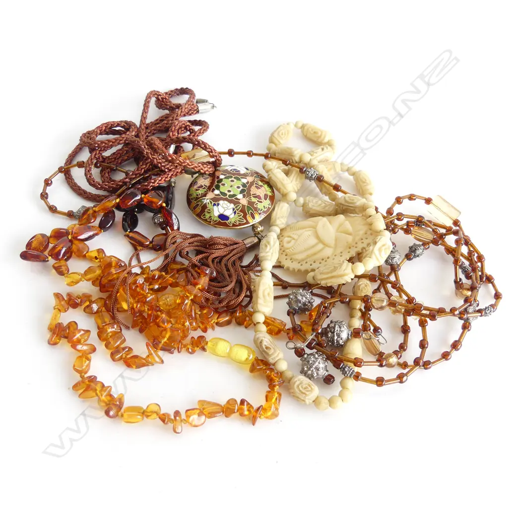 5 ASST NECKLACES; AMBER, BONE, ETC Image 1++