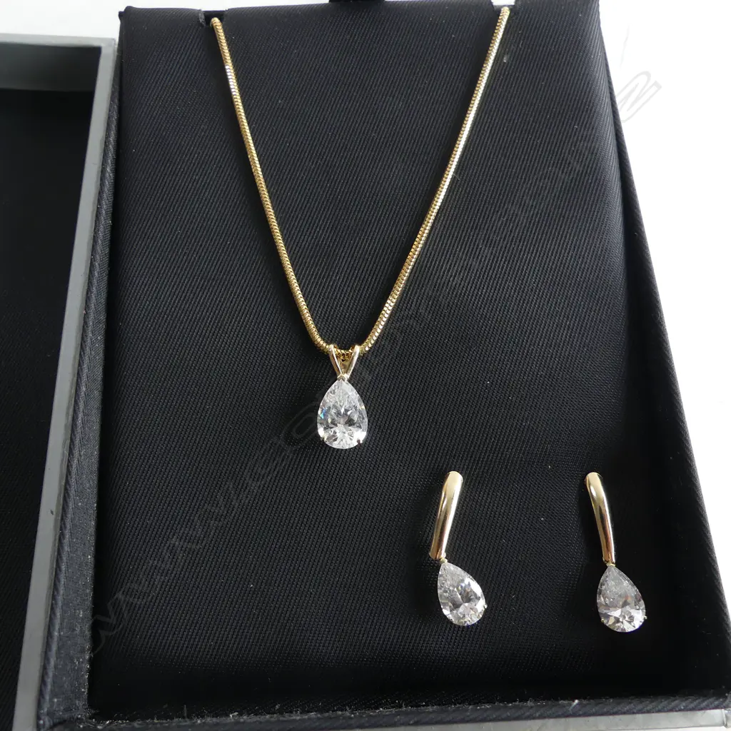 14K GOLD & CZ NECKLACE & EARRING SET BOXED 'Secrets'. 6.9gms total Image 1++