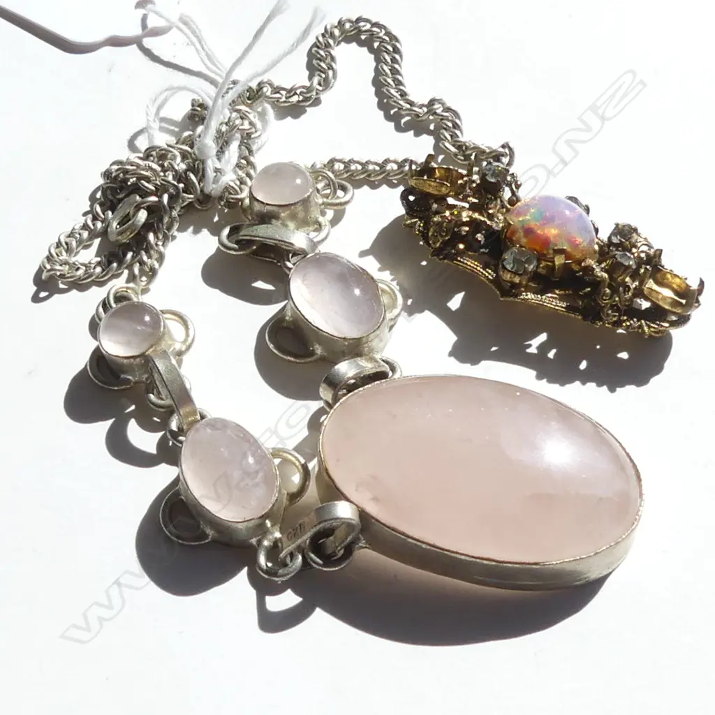 ROSE QUARTZ NECKLACE & VINTAGE FILIGREE & OPAL BROOCH A/F Image 1++