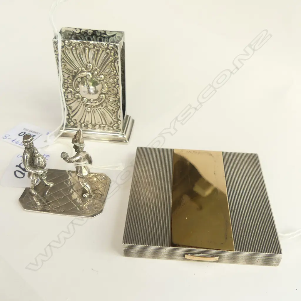 IMPRESSIVE STG SILVER MATCHBOX HOLDER, MINIATURE 920 SILVER PAVING STONE FIGURE + SILVER & ROSE GOLD MIRROR COMPACT Image 1++