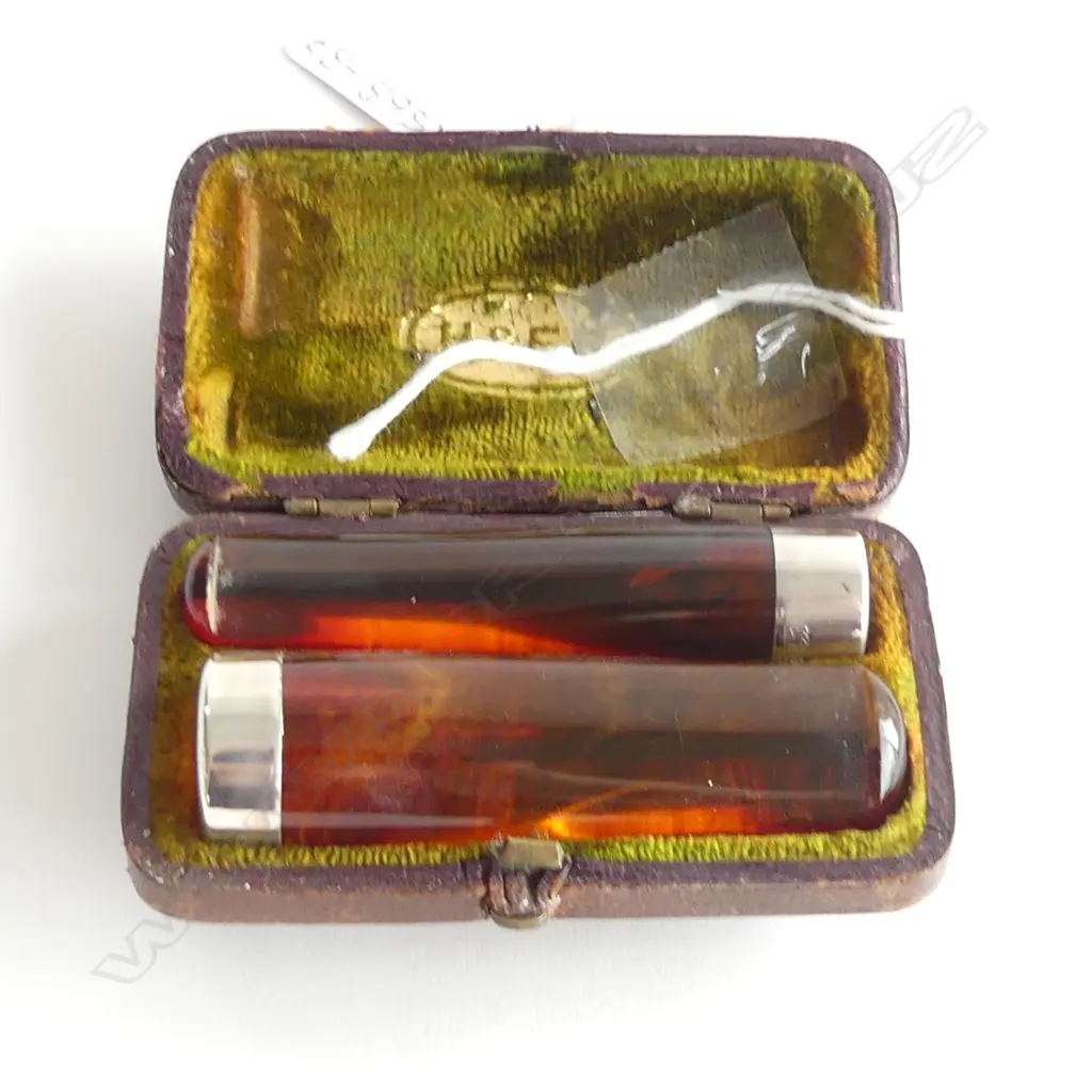 TWO VICTORIAN AMBER AND SILVER CIGAR HOLDERS IN ORIGINAL CASE Image 1++