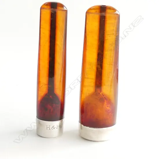 TWO VICTORIAN AMBER AND SILVER CIGAR HOLDERS IN ORIGINAL CASE