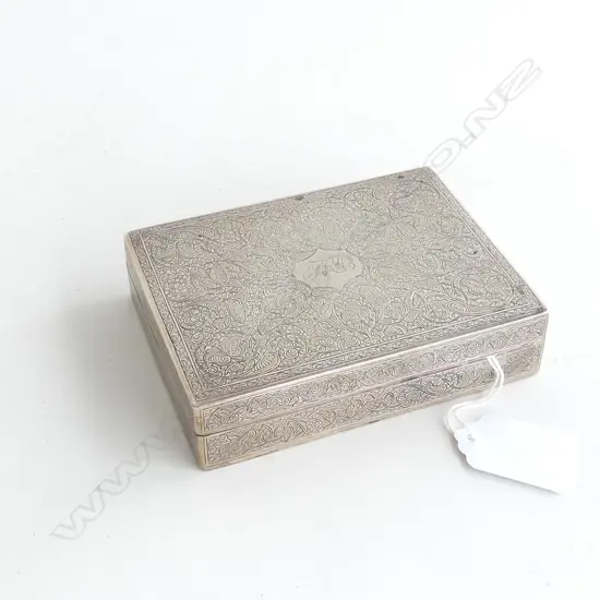 EGYPTIAN SILVER CIGARETTE BOX WITH HALLMARK c1940 wood lined 260gms