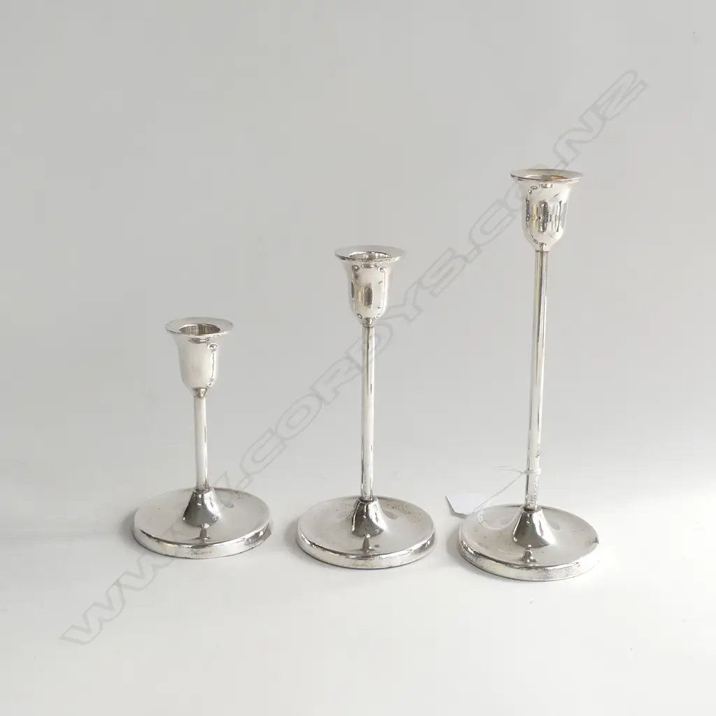 SET 3 TALL, SLIM SILVER PLATE GRADUATED CANDLE HOLDERS H. 230,  180 & 135MM Image 1++