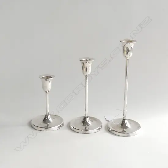 SET 3 TALL, SLIM SILVER PLATE GRADUATED CANDLE HOLDERS H. 230,  180 & 135MM