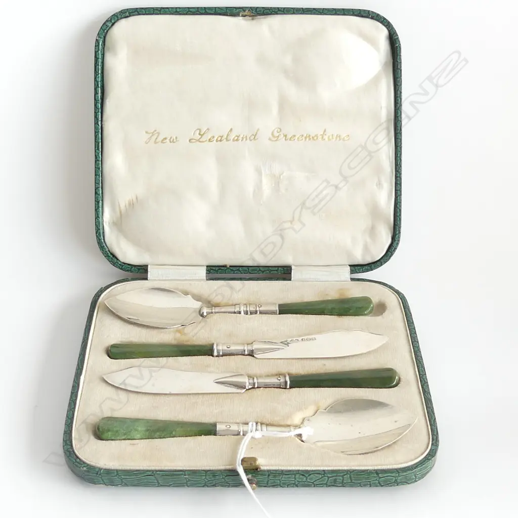 SET 4 NZ GREENSTONE & SILVER UTENSILS Birmingham 1927 Image 1++