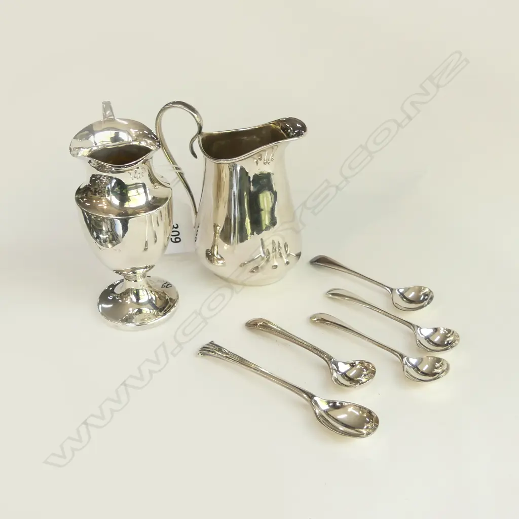 2 SML STG SILVER JUGS 108 GRAMS + 5 EP SPOONS  Image 1++