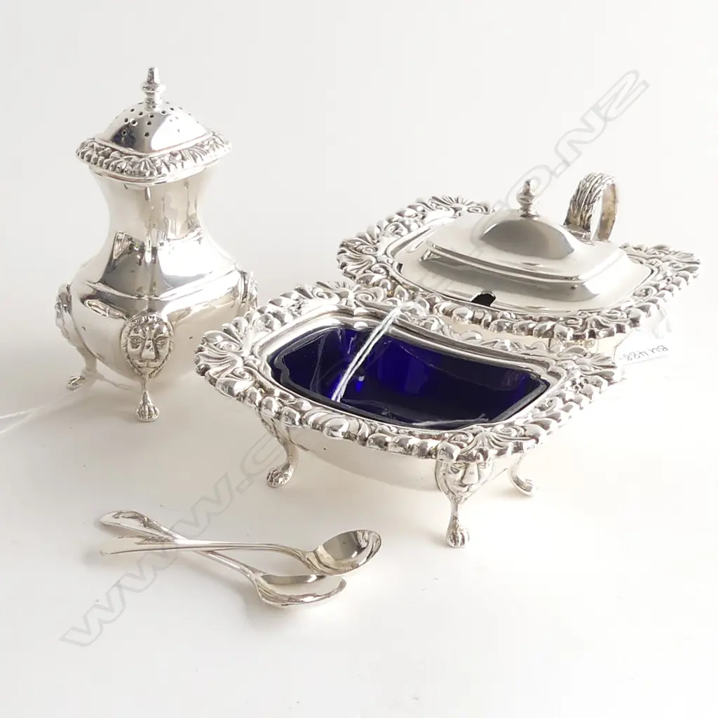 3 PC EPOC CRUET SET; PEPPER SHAKER, BLUE GLASS LINED SALT & MUSTARD & 2 SPOONS. ORNATE RIMS & LIONS HEAD ON LEGS Image 1++