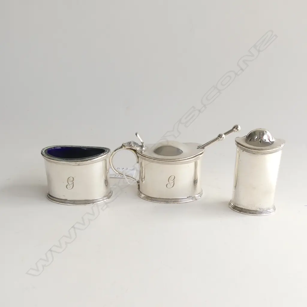 3 PC SILVER CRUET SET; PEPPER POT & BLUE GLASS LINED MUSTARD & SALT - EACH ENGRAVED WITH 'G' + 2 SPOONS  Image 1++