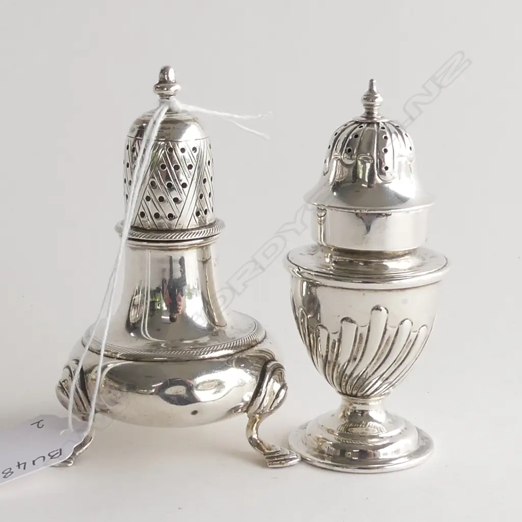 2 STG SILVER PEPPER  SHAKERS; 121GMS BIRM. 1912 & LOND. 1894 Image 1++