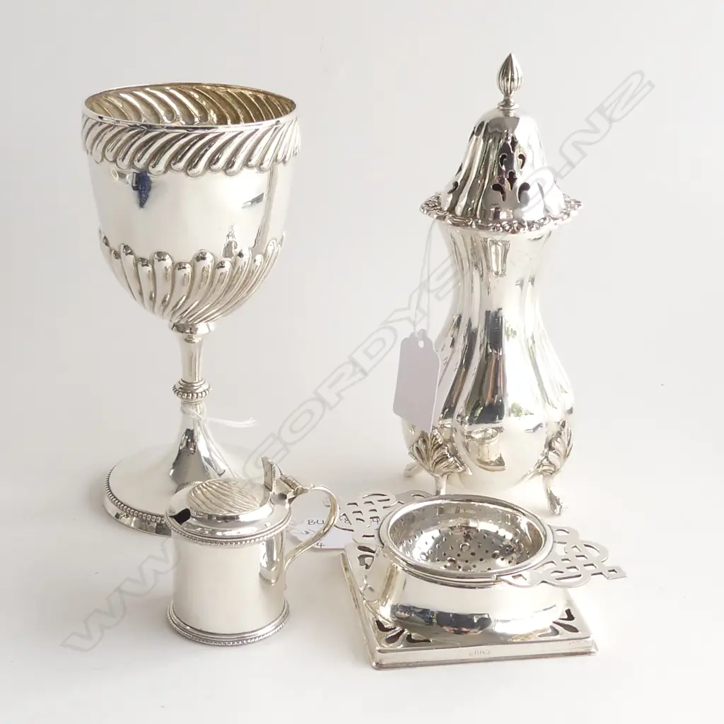 4 PCS EPNS; GOBLET, BLUE GLASS LINED MUSTARD POT, TEA STRAINER & HOLDER & SUGAR SIFTER (H.180MM)  Image 1++