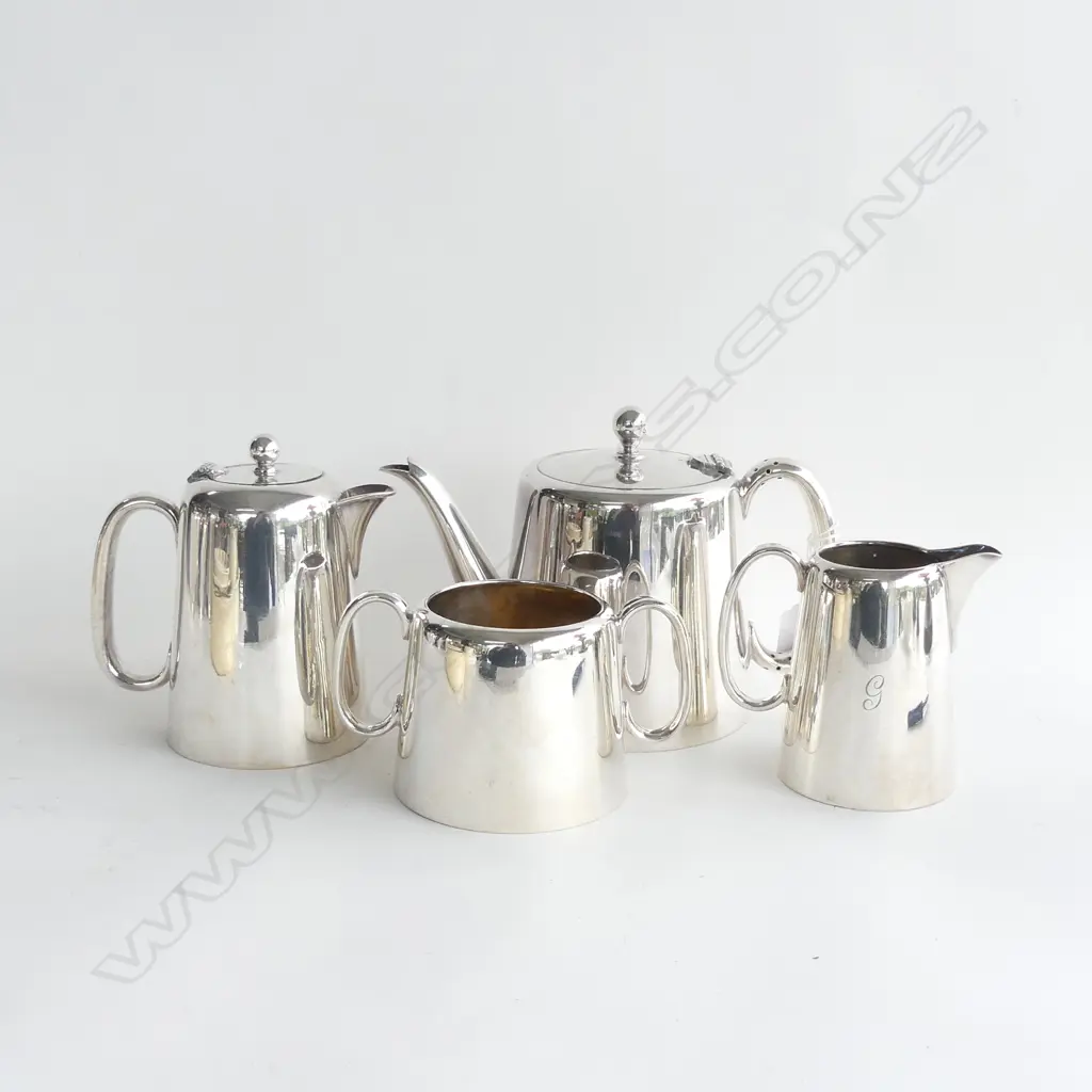 4 PC SILVER PLATE TEA SET; TEAPOT, HOT WATER JUG, MILK & SUGAR. 3 PCS ENGRAVED WITH 'G' Image 1++