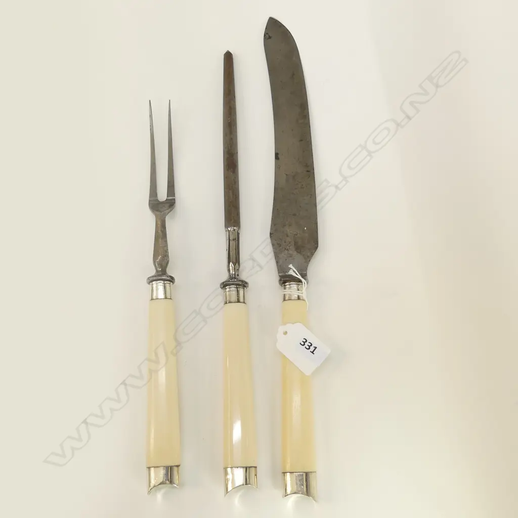 3 PC STG SILVER & IVORY CARVING SET BY HARRISON & NAWSOM SHEFFIELD 1921 L 37MM Image 1++