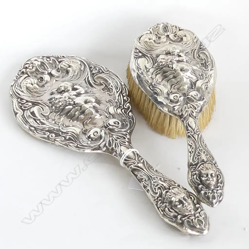 STG SILVER DRESSING MIRROR & BRUSH w. CUPID DESIGN; B'HAM 1903 Image 1++