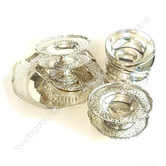 15 PCS EX RAFFLES HOTEL SILVER PLATE INCL PIERCED DISHES