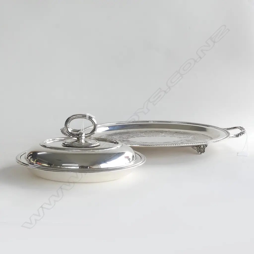 OVAL VICTORIAN PLATE EP COPPER TRAY (L465MM) + EP LIDDED SERVING DISH (L 260MM) ENGRAVED WITH 'G' Image 1++