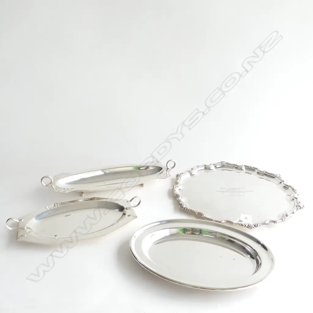 SILVER PLATE; 3  ASST OVAL PLATES (L 265, 280 & 350MM) + ROUND TRAY (DIA 330MM)...ENGRAVING TO CENTRE Image 1++