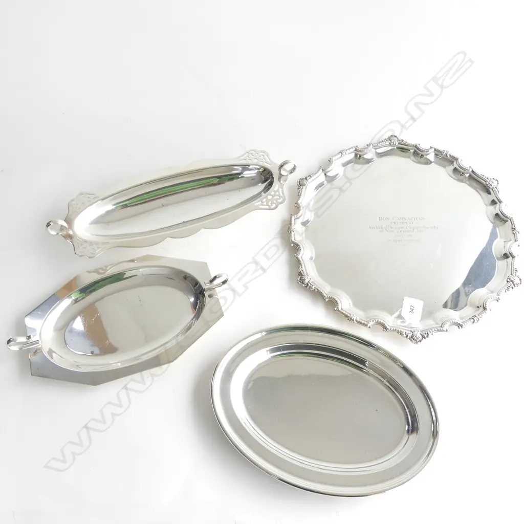 SILVER PLATE; 3  ASST OVAL PLATES (L 265, 280 & 350MM) + ROUND TRAY (DIA 330MM)...ENGRAVING TO CENTRE Image 1++