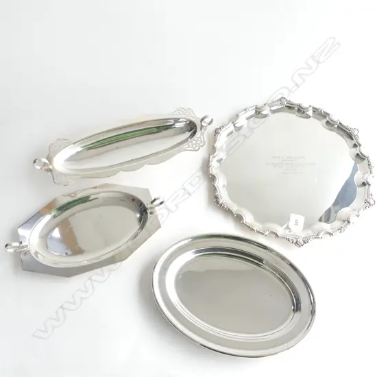 SILVER PLATE; 3  ASST OVAL PLATES (L 265, 280 & 350MM) + ROUND TRAY (DIA 330MM)...ENGRAVING TO CENTRE