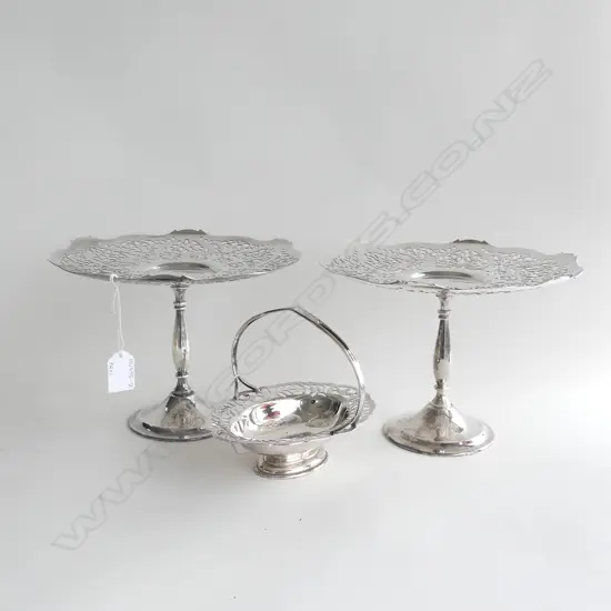 PR TALL SILVER PLATE FOOTED CAKE STANDS (DIA 250MM) + DISH WITH HANDLE (L 170MM)