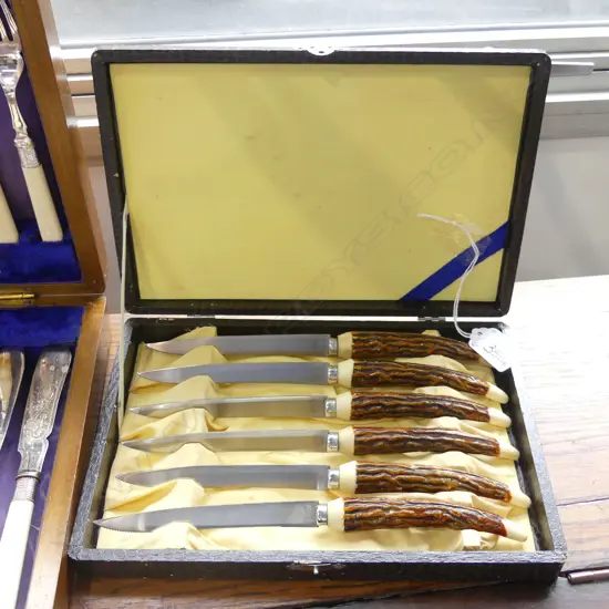 6 FAUX STAG HORN STEAK KNIVES IN CASE 