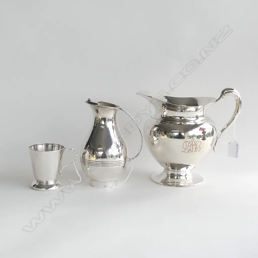 2 QUALITY SILVER PLATE JUGS (H. 185 & 160MM) + RODD CHRISTENING MUG  Image 1++