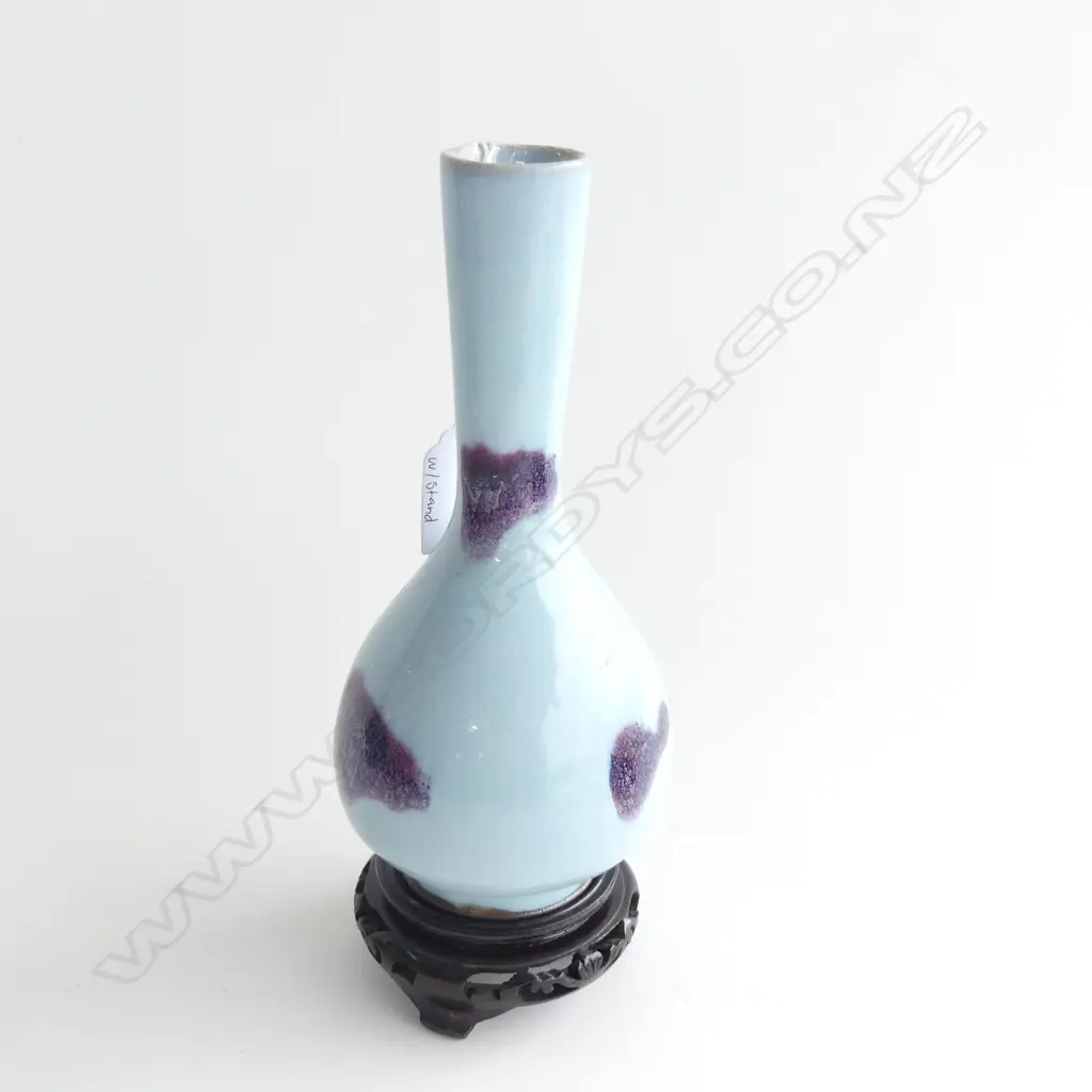ORIENTAL LIGHT BLUE & PURPLE VASE WITH WOODEN STAND H. 230MM A/F Image 1++