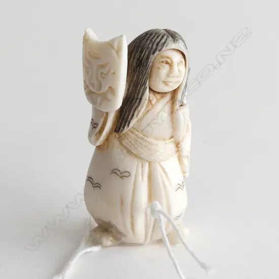 FINELY CARVED IVORY NETSUKE, 2 FACED WOMAN (FACE SPINS TO REVEAL HAPPY & MEAN FACE), H 50MM
