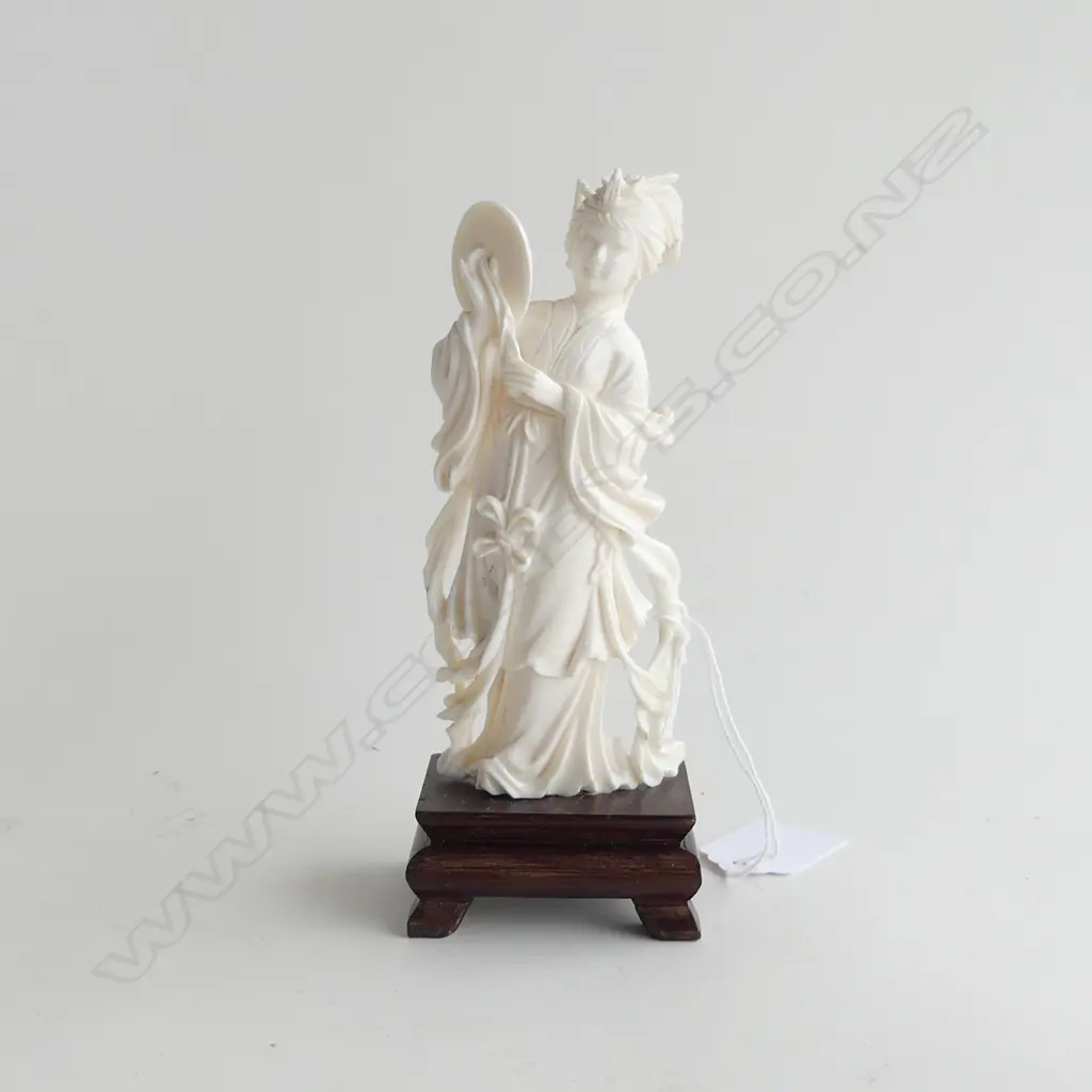 CARVED IVORY ORIENTAL LADY ON WOODEN STAND, H.150MM Image 1++