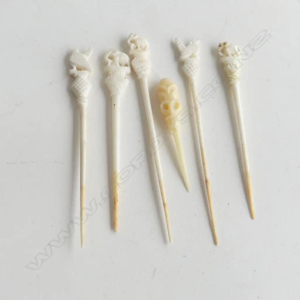 FIVE CARVED IVORY ORIENTAL TOOTHPICKS, 3 WITH ELEPHANTS Image 1++