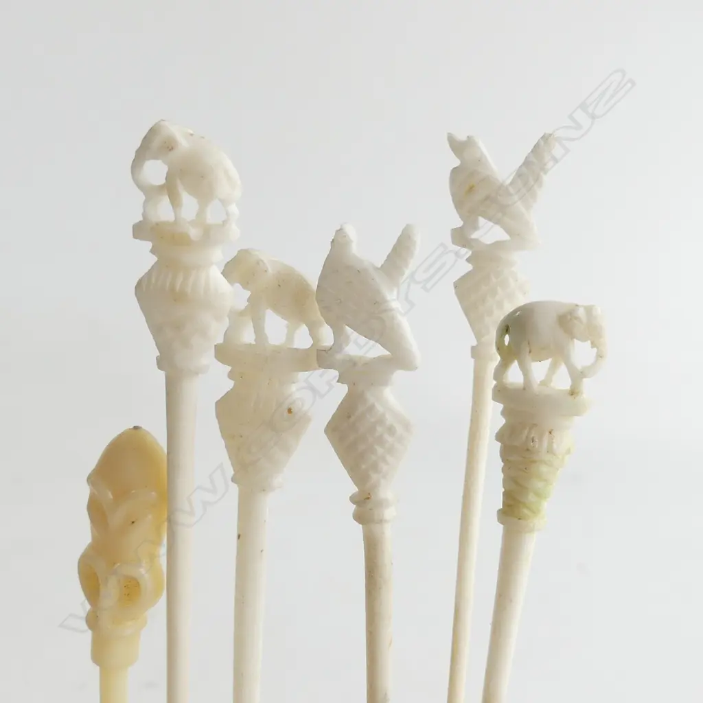 FIVE CARVED IVORY ORIENTAL TOOTHPICKS, 3 WITH ELEPHANTS Image 1++