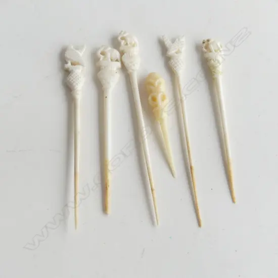 FIVE CARVED IVORY ORIENTAL TOOTHPICKS, 3 WITH ELEPHANTS