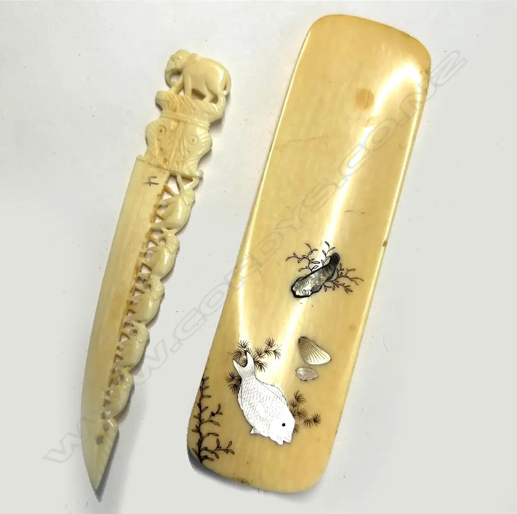 ORIENTAL CARVED & INLAID IVORY SHOE HORN & LETTER OPENER Image 1++
